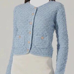 ASTR The Label Textured Patch Pocket Cardigan Blue Womens Size L New with tags